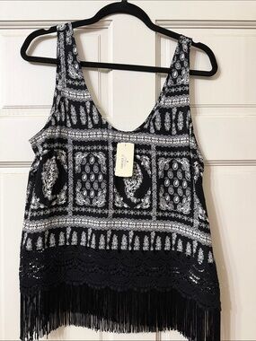 Forever 21 Black and White Paisley Fringe Tank